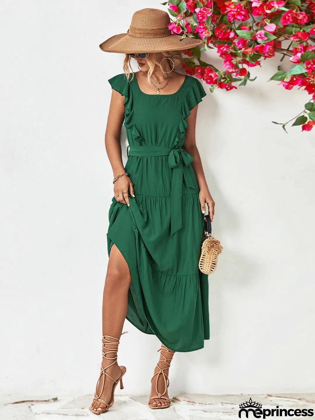 Tie Belt Ruffled Tiered Dress