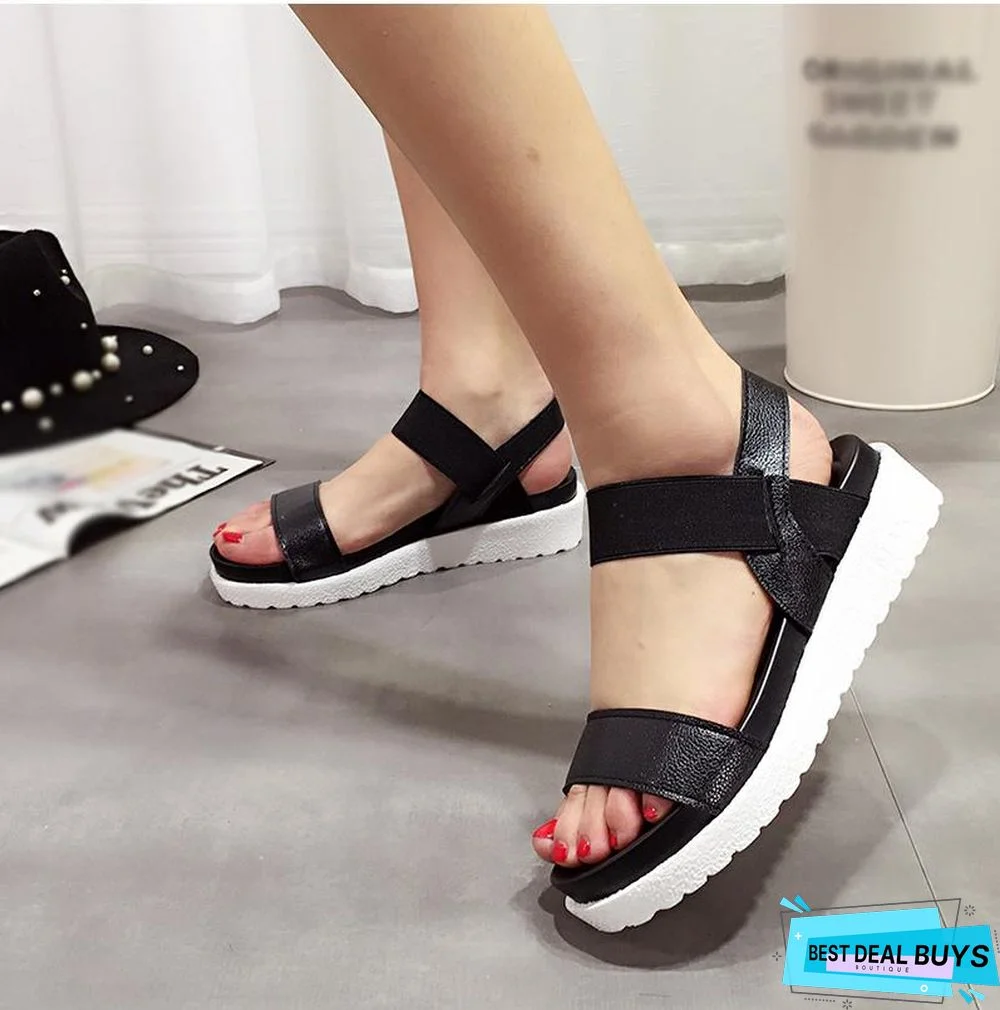 Women Slip On Elastic Band Peep Toe Sandals Platform Flat Roman Comfortable Sandals