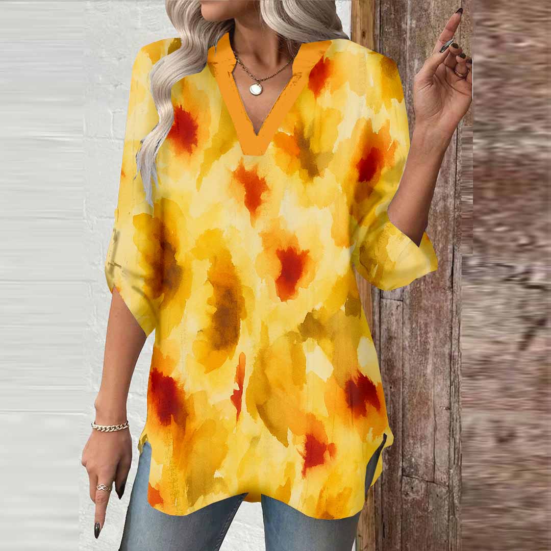 Women Artistic,Yellow,Red DZGA0254 3/4 Sleeve V-neck Printed Graphic Button Tops