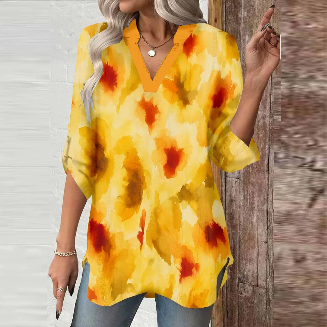 Women Artistic,Yellow,Red DZGA0254 3/4 Sleeve V-neck Printed Graphic Button Tops