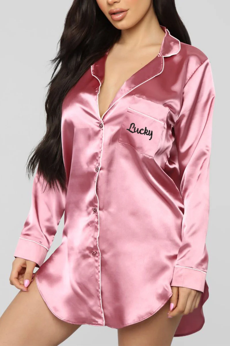 Pink Living Solid Embroidered Shirt Collar Shirt Dress Dresses | EGEMISS