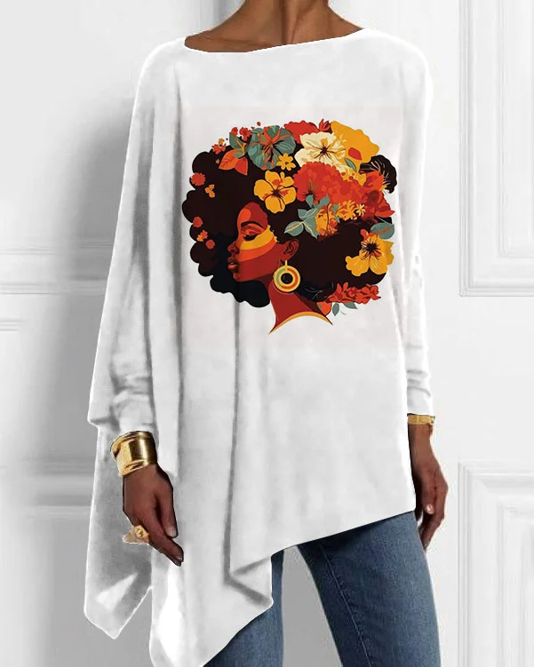 Women's Flowers Portrait Print Irregular Top