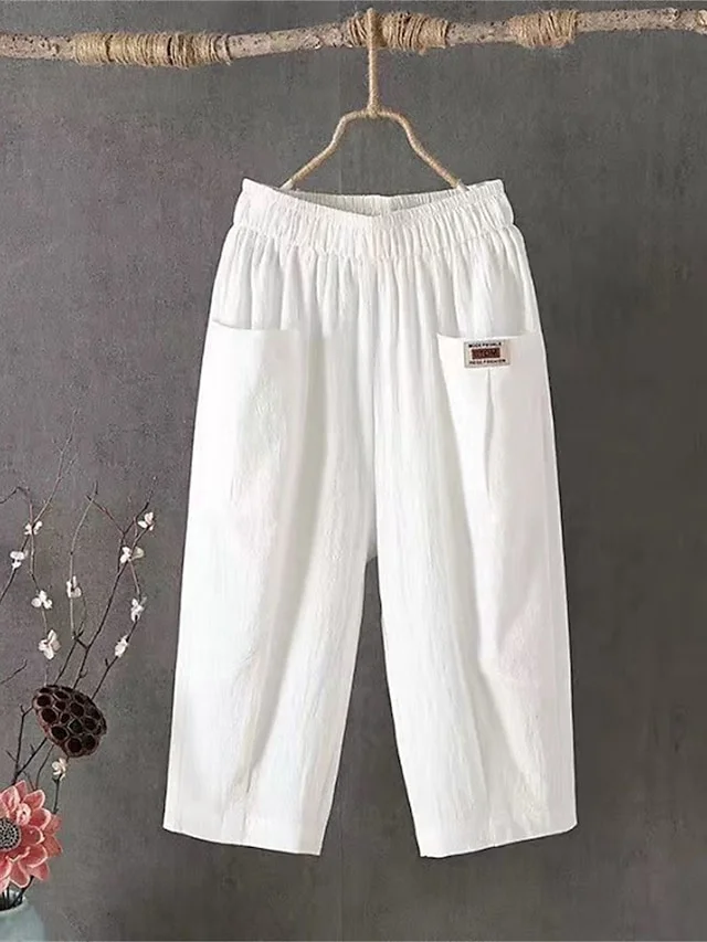 Women's Shorts Slacks Cotton Pocket High Waist Calf-Length Black Summer