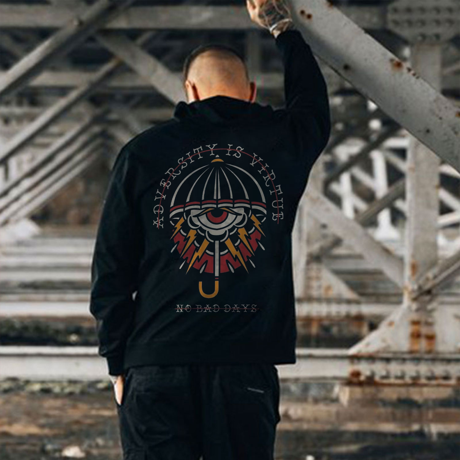 ADVERSITY IS VIRTUE NO BAD DAYS Umbrella Black Print Hoodie