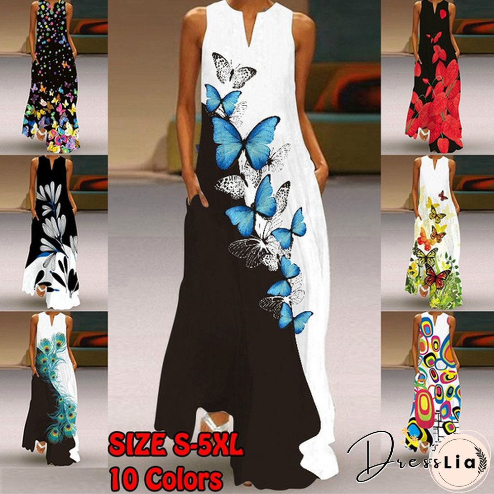 Butterfly Print Loose Beach Maxi Dress Summer Womens Fashion Sleeveless V-neck Boho Dress