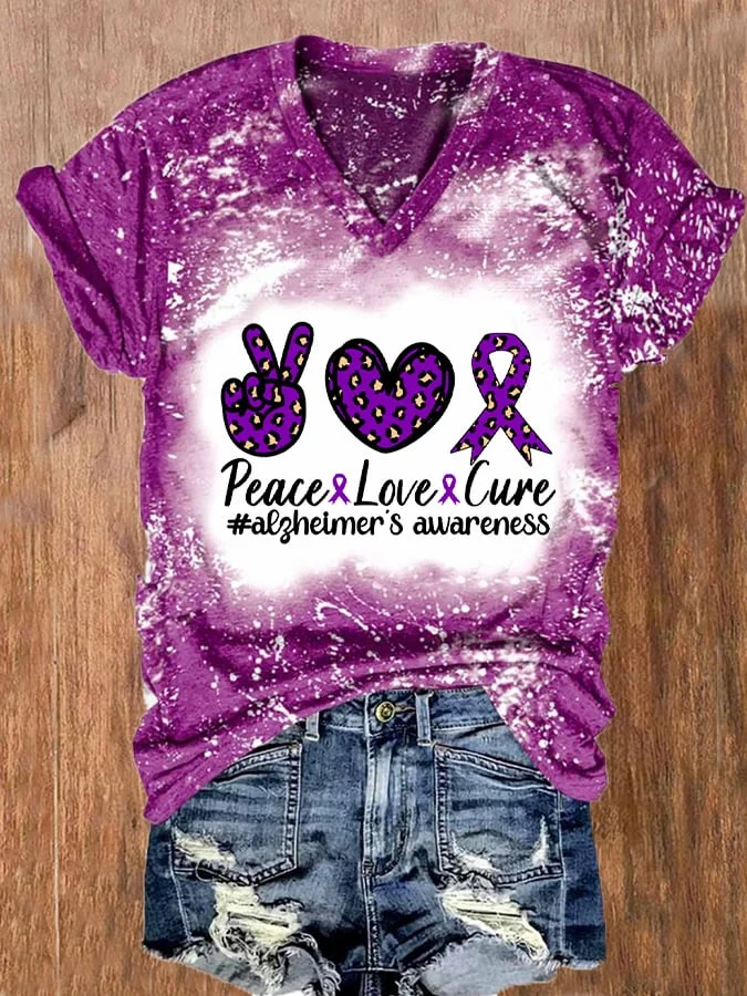 Women's Alzheimer's Awareness Ribbon Leopard Peace Love Cure Print V-Neck T-Shirt socialshop