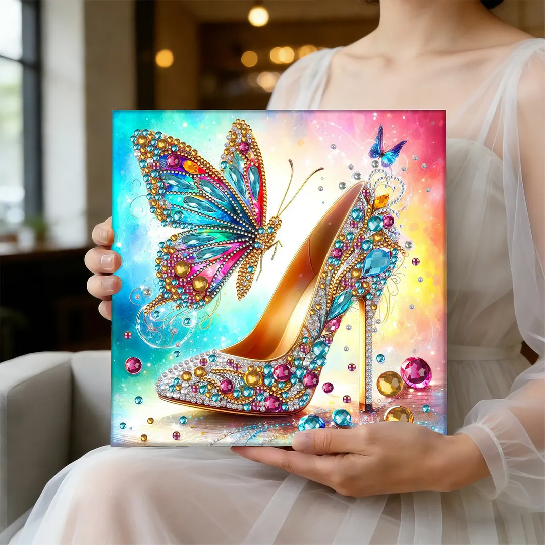 Butterfly High Heels Special Shaped DIY Large Diamond Painting Kit w/ Frame 9.84x9.84inch