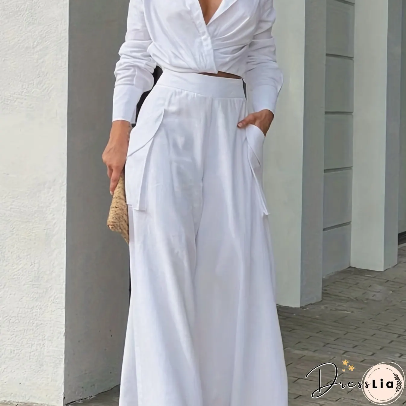 Casual Matching Two-piece Set, Long Sleeve Blouse & Wide Leg Pants Outfits, Women's Clothing