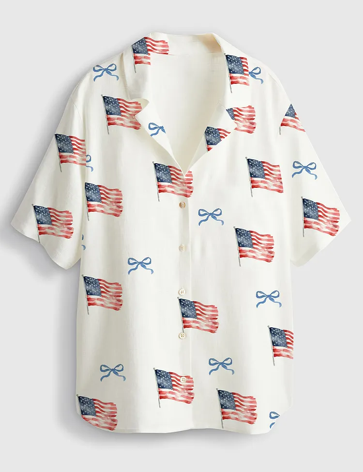Women&rsquo;s Coquette Bow America Flag 4th Of July Short Sleeve Linen Blend Hawaiian Shirt