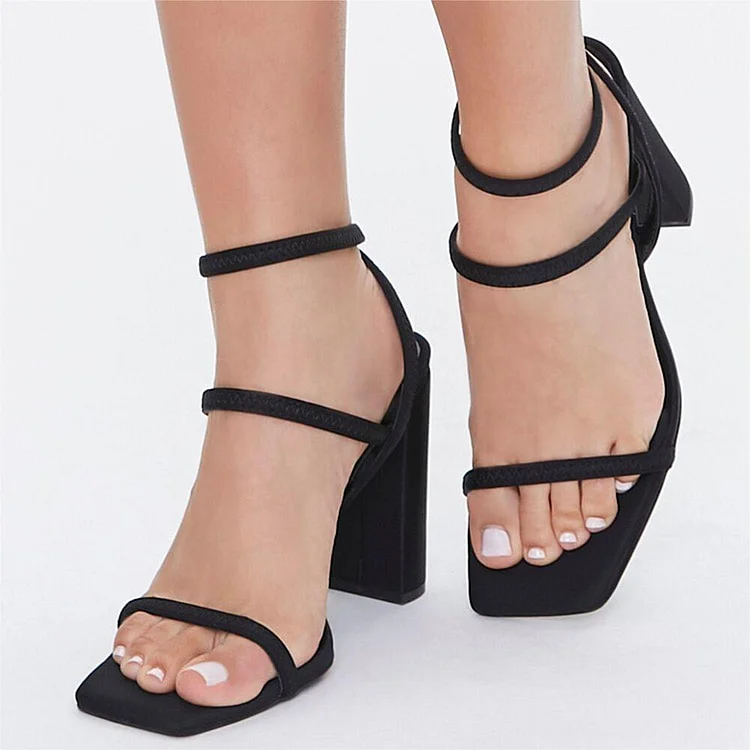 Custom Made Black Vegan Suede Strappy Chunky Heel Sandals |FSJ Shoes