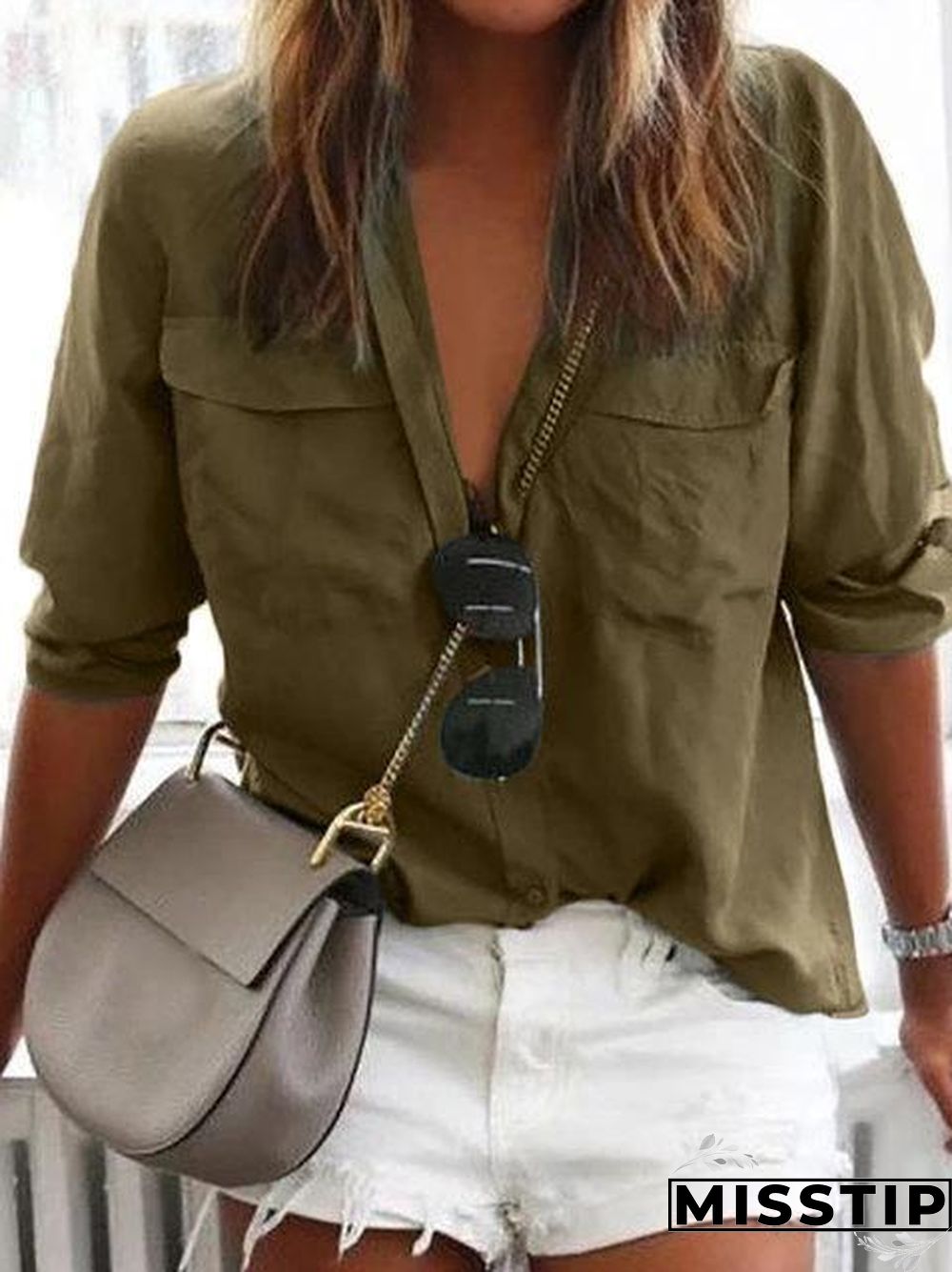 Solid Long Sleeve Shirt Collar Pockets Casual Plus Size Shirts