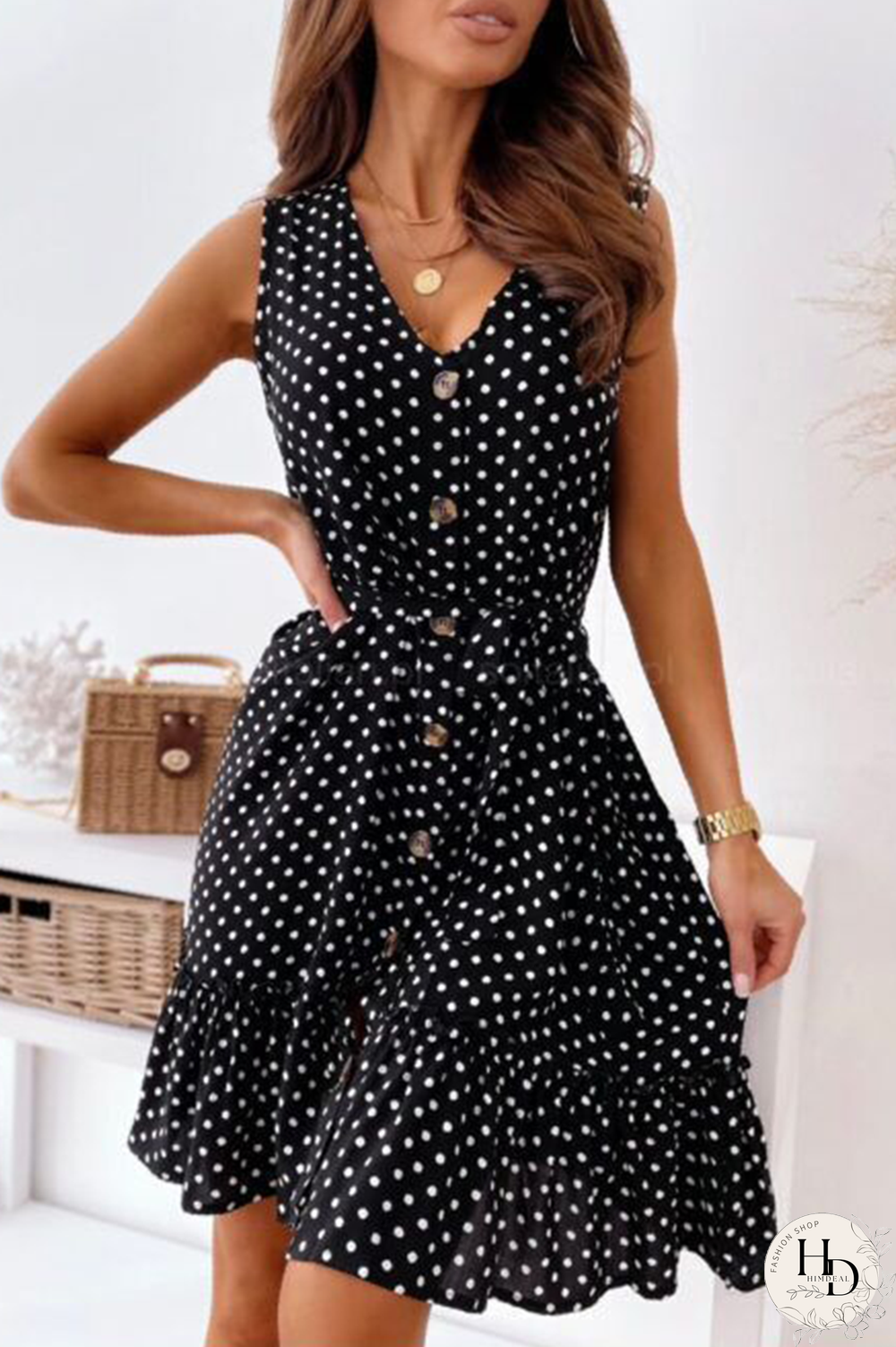 Elegant Dot Buckle With Belt V Neck A Line Mini Dresses