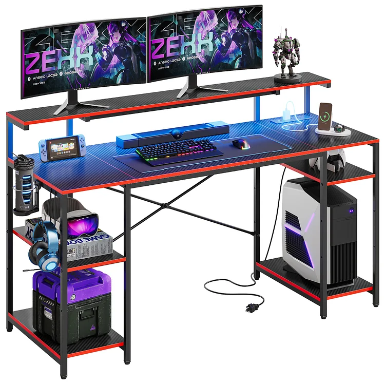 Bestier Gaming Desk with Power Outlets & LED Light 55" Computer Desk Corner Desk with Monitor Stand，Black & Crimson