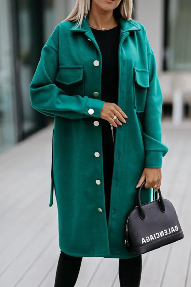 Fashion Casual Solid Pocket Buckle With Belt Turndown Collar Outerwear(4 colors)