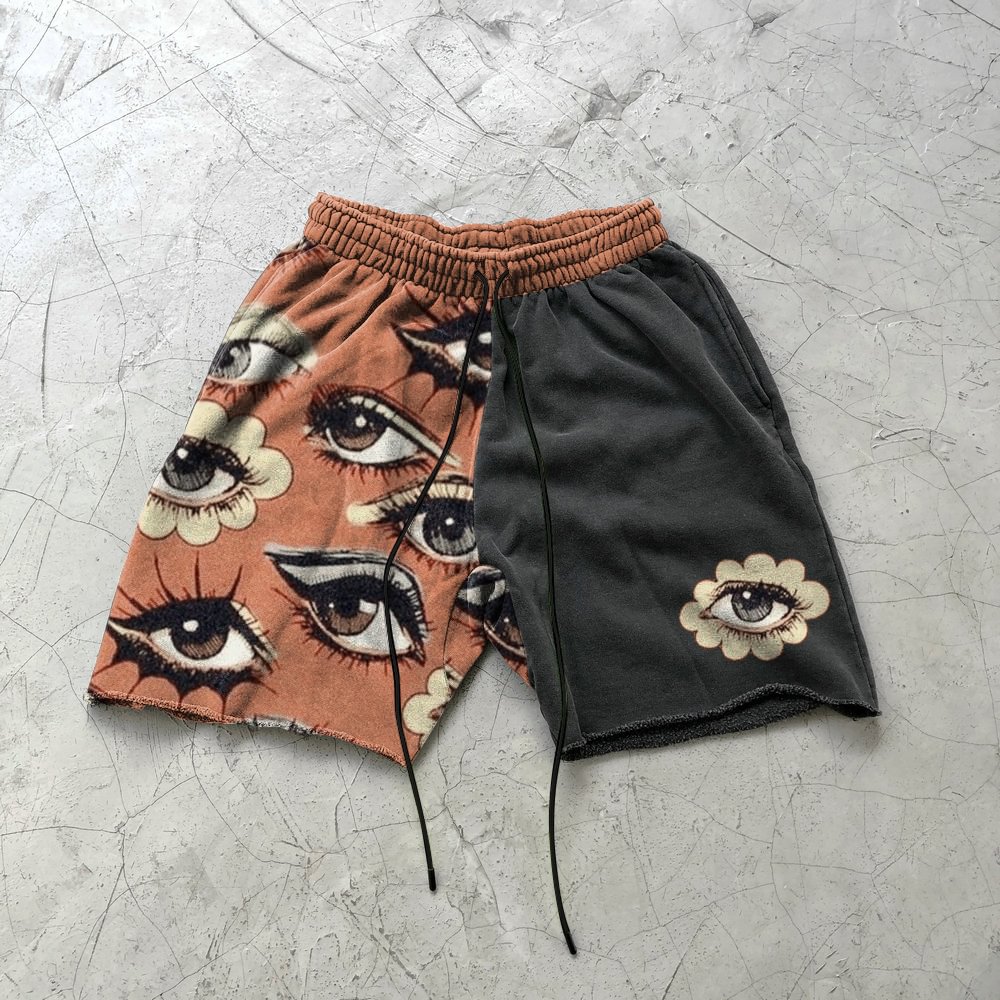 Retro art print stitching street shorts