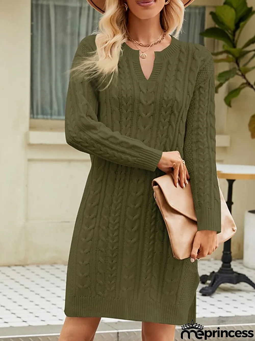 Women's Sweater Dress V Neck Cable Knit Acrylic Split Fall Winter Outdoor Daily Holiday Stylish Sexy Soft Long Sleeve Solid Color Maillard Black White Wine S M L