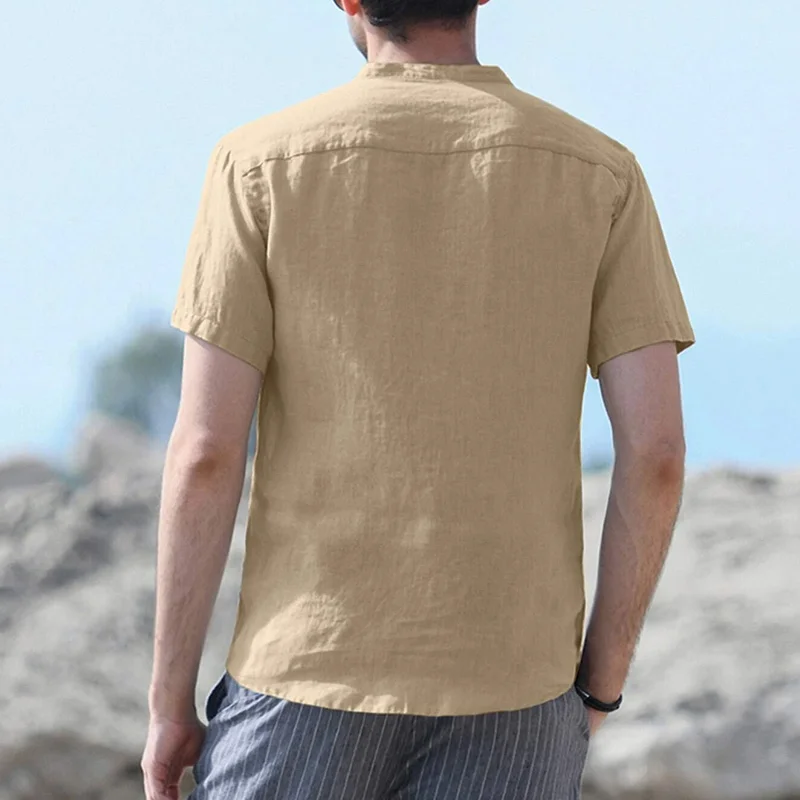 Men Cotton Linen Half Button Pocket Henry T-shirt Shirt Khaki-inspireuse