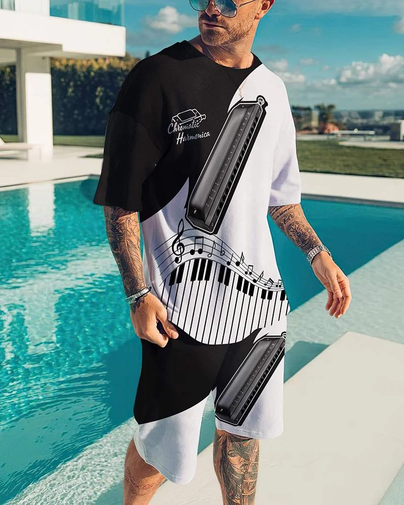 Men's black and white musical note printing leisure sports suit