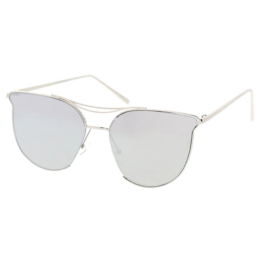 Modern Metal Cat Eye glasses With Double Nose Bridge Round Mirrored Flat Lens 55mm