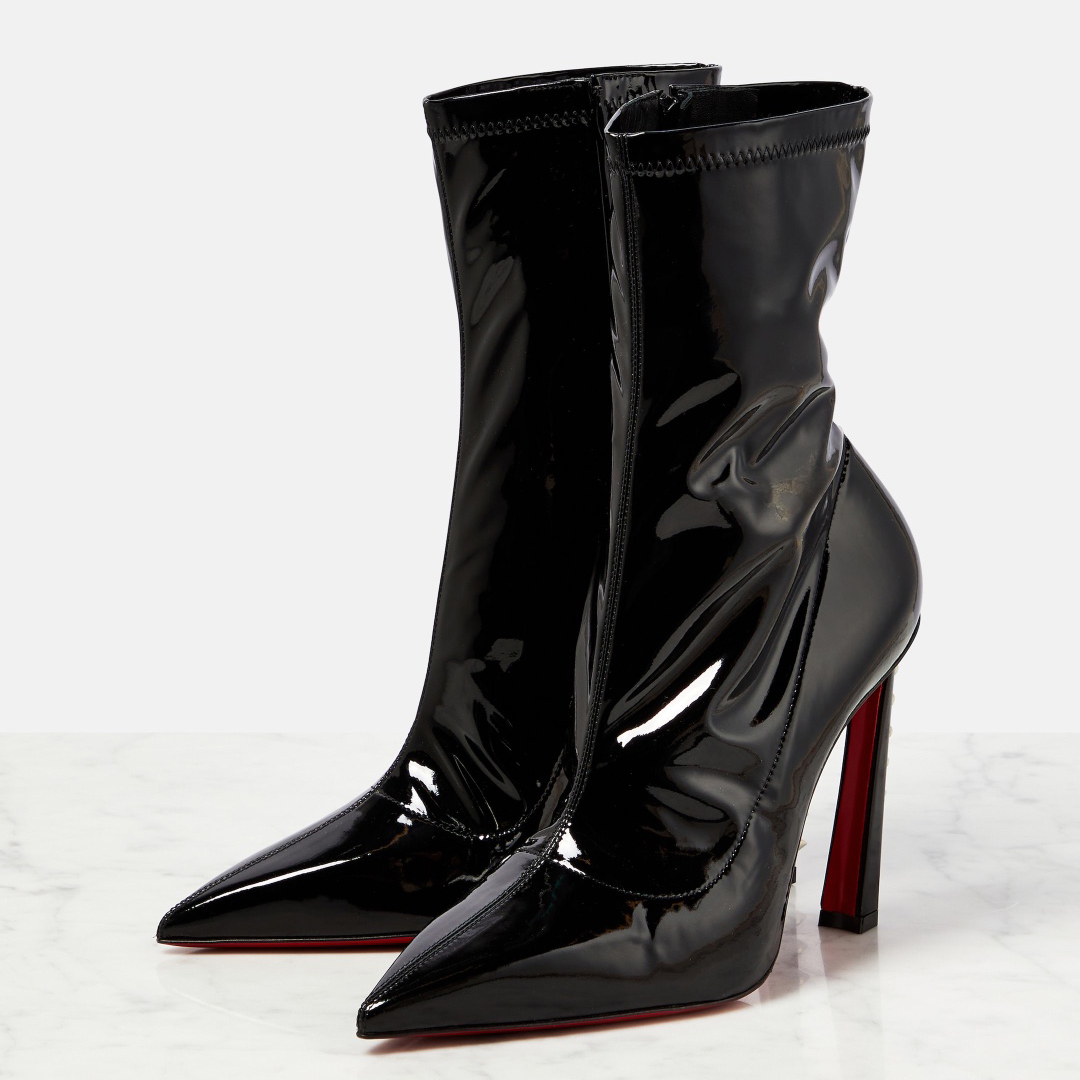 85mm Women's Mirrored Patent Leather Black Rivet Red Bottom Ankle Boots-MERUMOTE