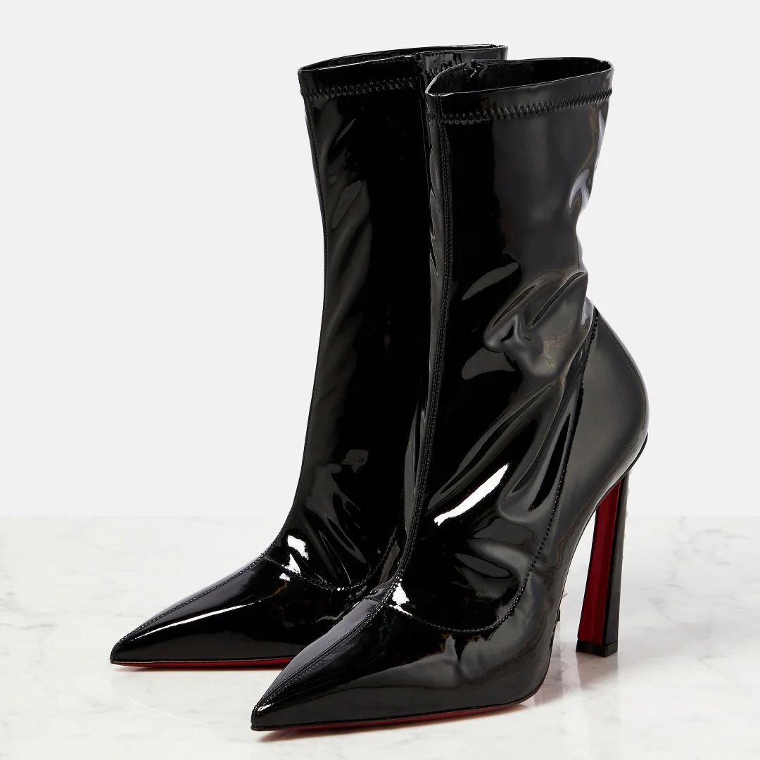 85mm Women's Mirrored Patent Leather Black Rivet Red Bottom Ankle Boots-MERUMOTE