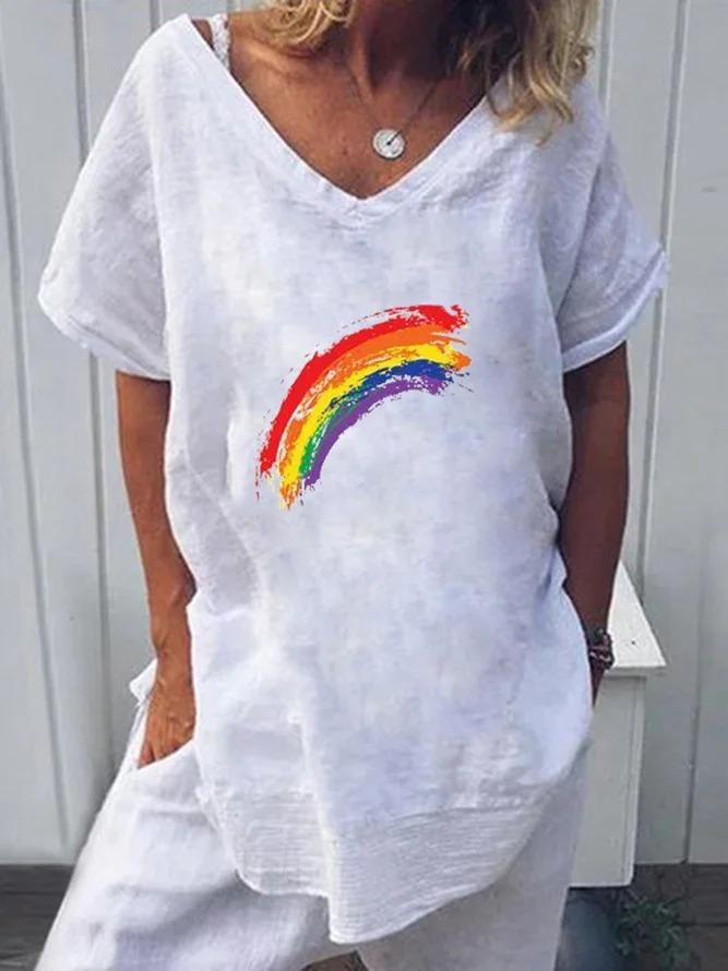 Rainbow White V Neck Linen Casual Shirts & Tops