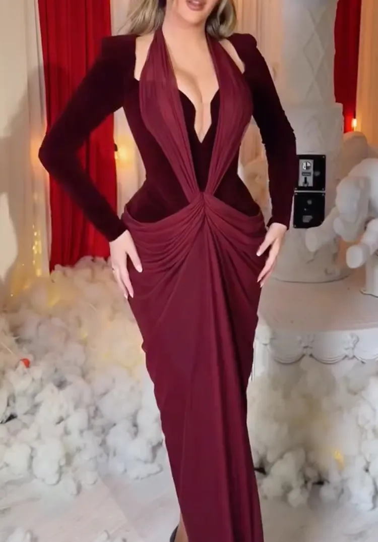 Burgundy Twist Front Maxi Dress with Deep V Neck