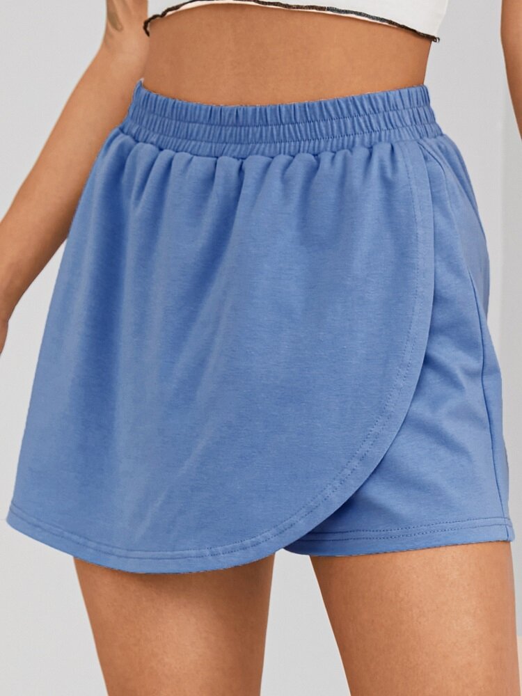 Solid Color Stitching Hem Elastic Waist Casual Shorts For Wmen - Shop Trendy Women's Clothing | LoverChic