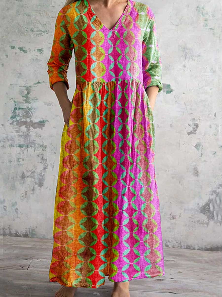Women's Bohemian Split Geometric Pattern V Neck Cotton and Linen Dress With Pockets