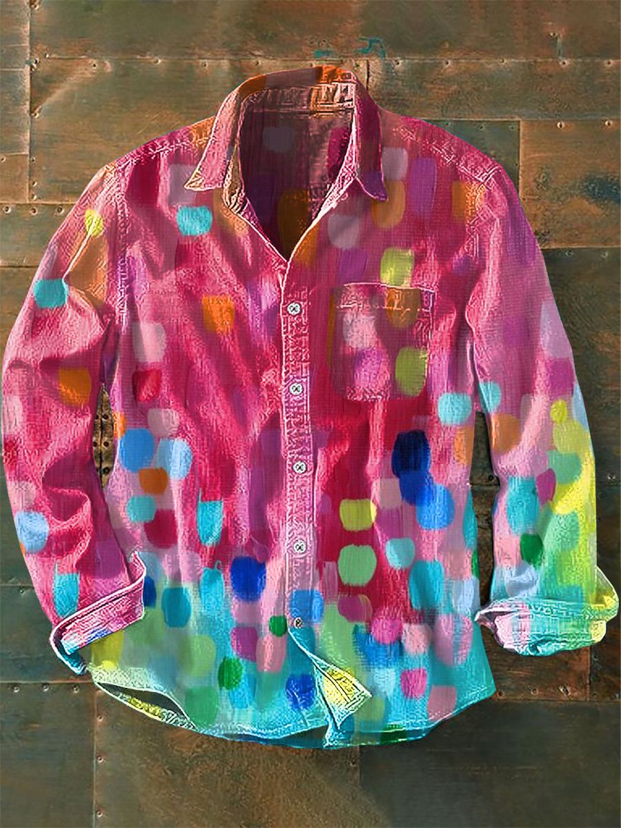 Unisex Color Block Art Vintage Print Lapel Long Sleeve Pocket Shirt