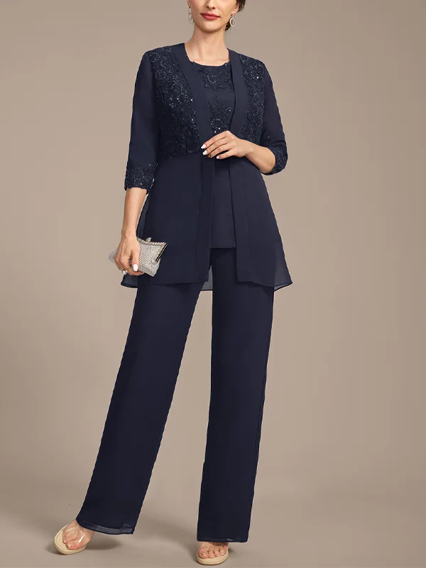 Round Neck Lace Solid Color Chiffon Top And Trousers Three-Piece Suit