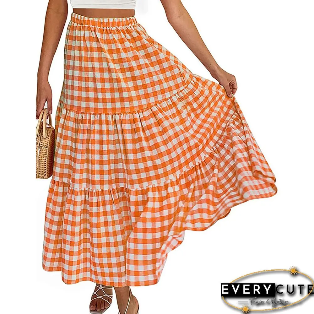 Orange Plaid Print Pocketed Maxi Skirt