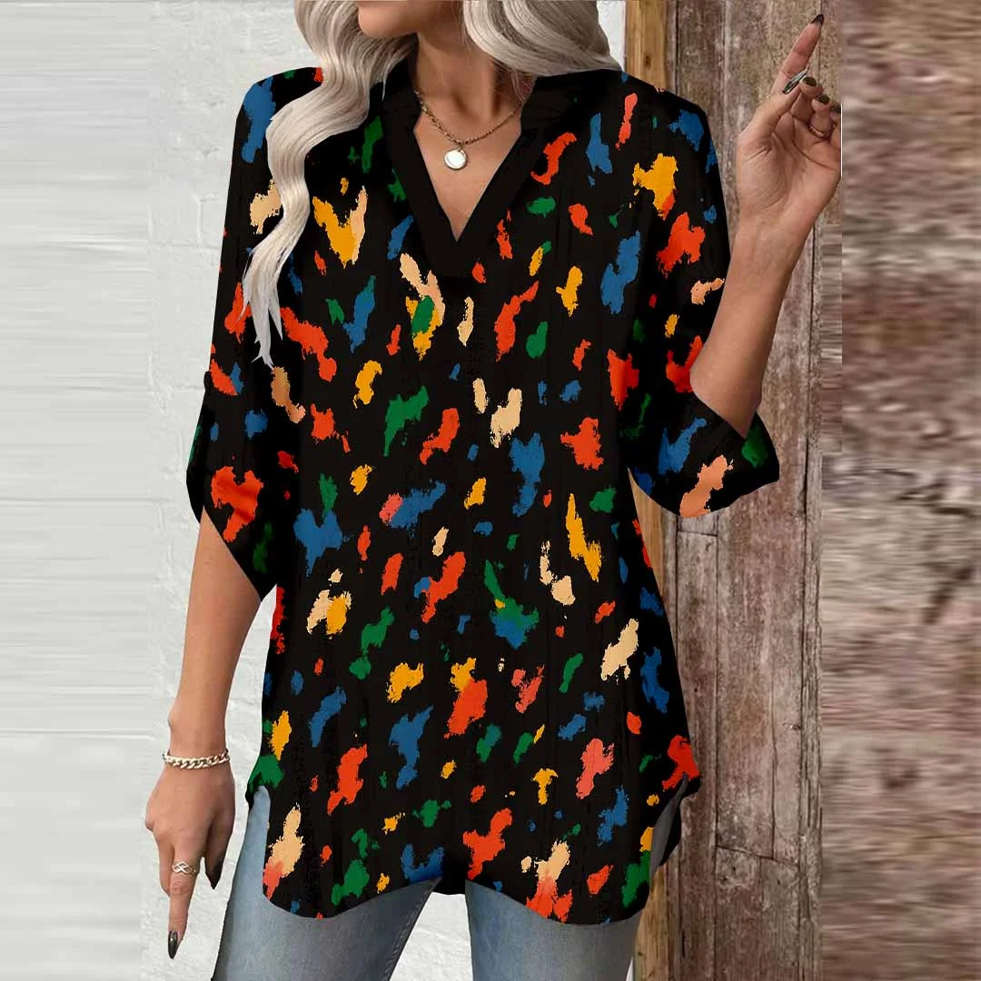 Women Splashes, Black, Color DZGA0366 3/4 Sleeve V-neck Printed Graphic Button Tops