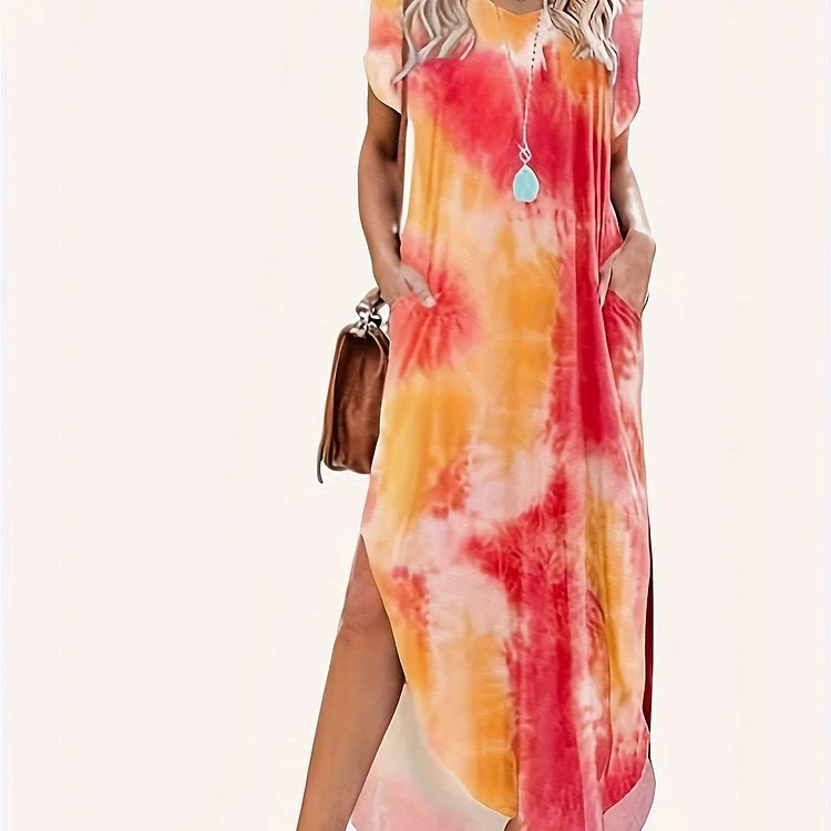 Tie Dye Print Split Side Dress, Casual Short Sleeve V-neck Curvy Hem Loose Dress, Women's Clothing