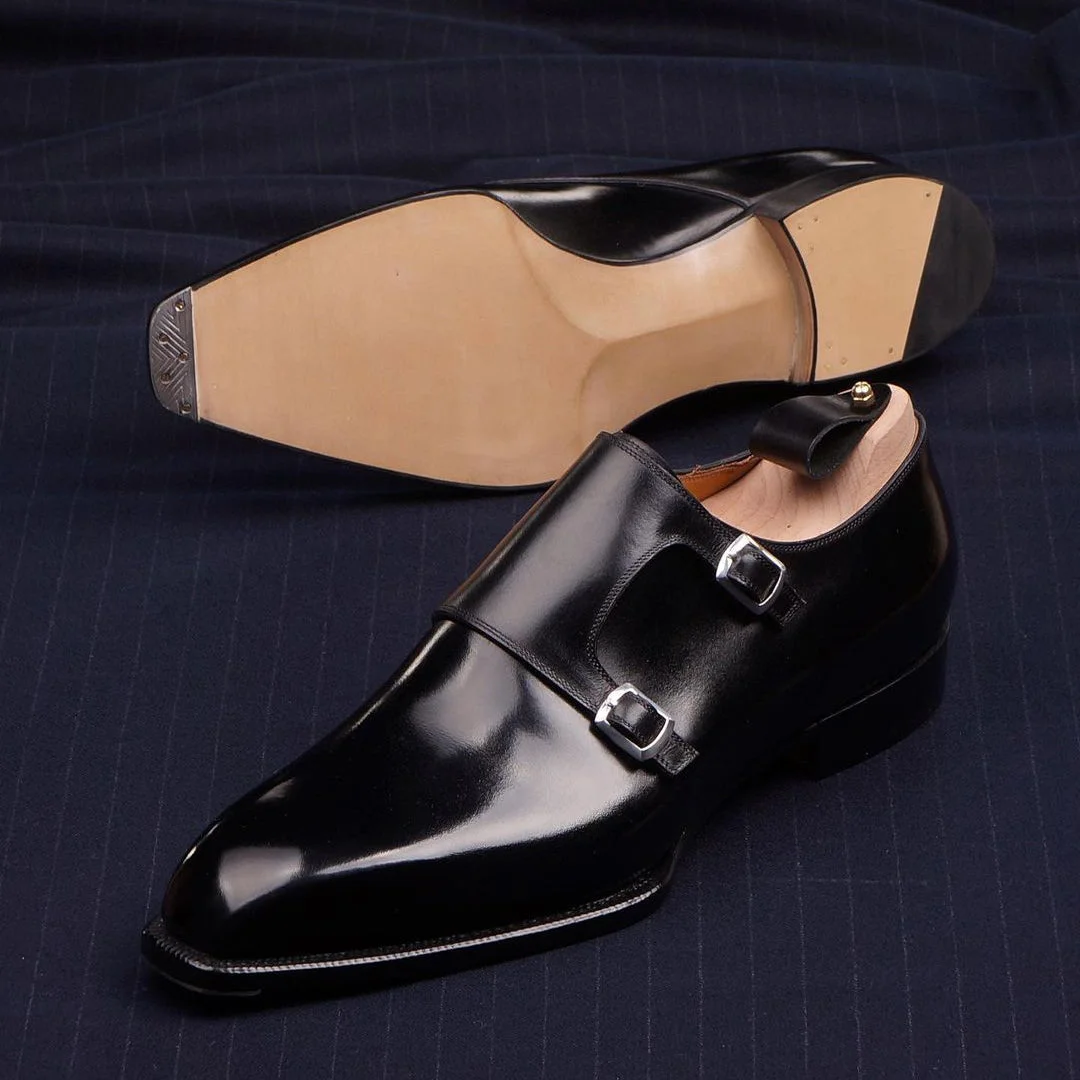 Classic cool pure black double buckle men's gentleman monk shoes