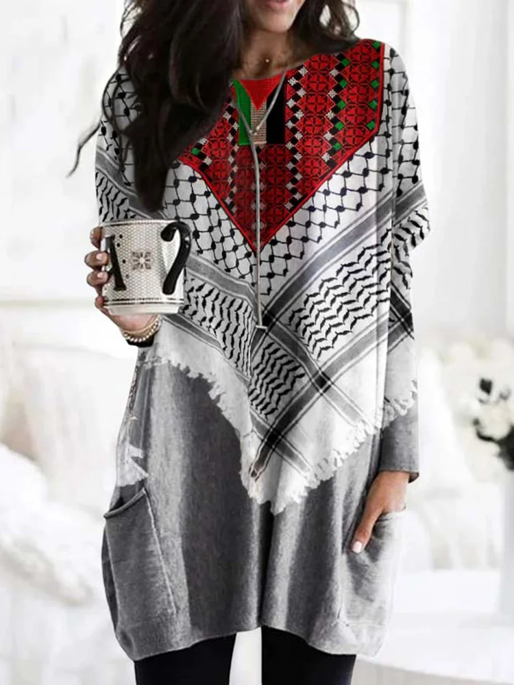 I Hope Peace Forever And Palestinian Inspired Pattern Pocket Comfy Tunic