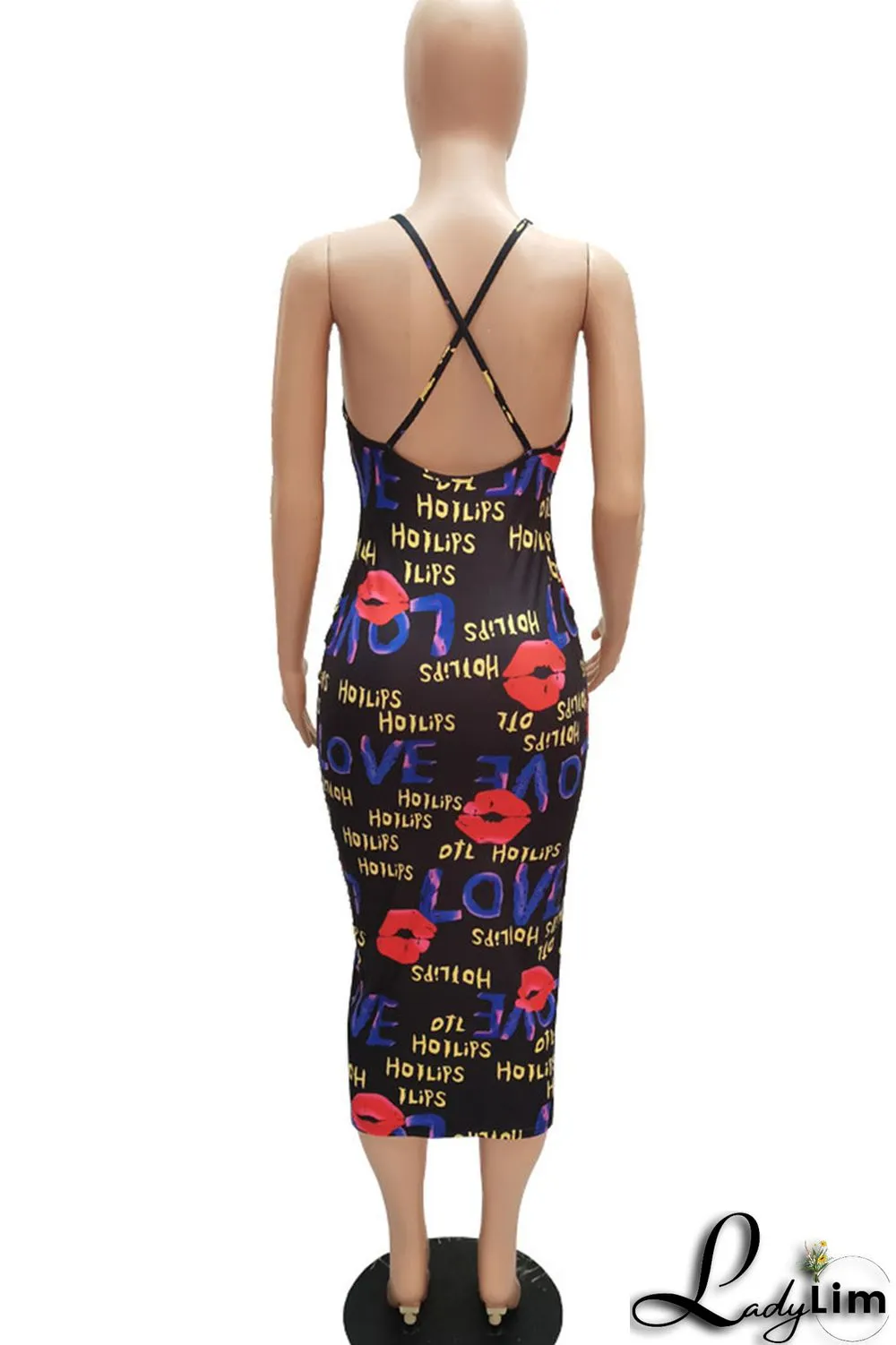 Black Red Sexy Print Split Joint Spaghetti Strap Sling Dress Dresses