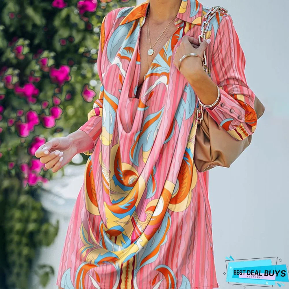 Fashion Printed Lapel Long Sleeve Casual Loose Dress