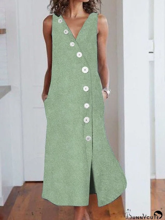Casual Dress Cotton Linen Dress Tank Dress Midi Dress Cotton Blend Fashion Modern Outdoor Daily Vacation V Neck Button Pocket Sleeveless Summer Spring Regular Fit Green Plain S M L XL 2XL for Women