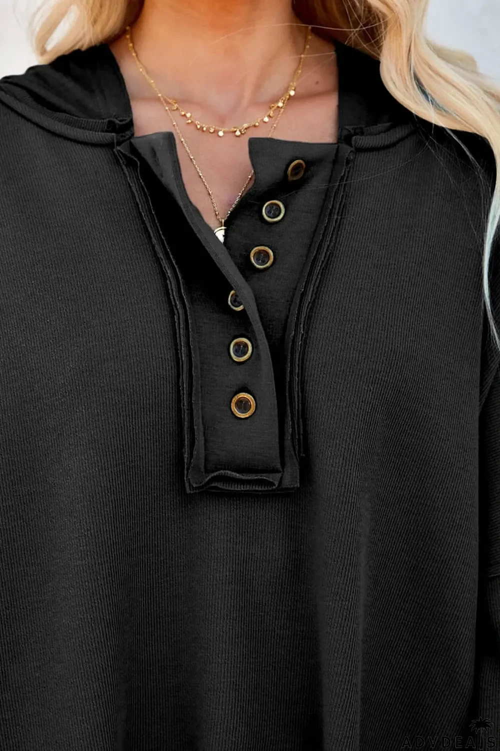 Black Casual Button Solid Patchwork Trim Hoodie