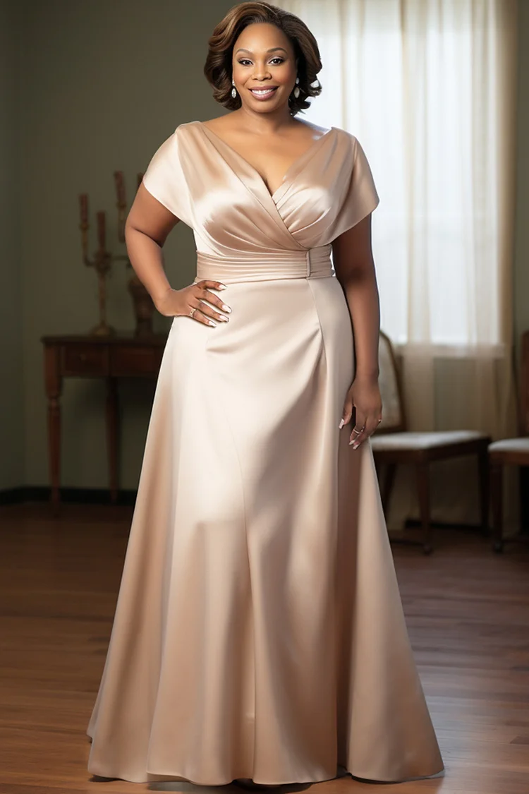 Xpluswear Design Plus Size Mother Of The Bride Champagne Wrap Neck Short Sleeve Pocket Satin Maxi Dresses [Pre-Order] 2024 - Xpluswear