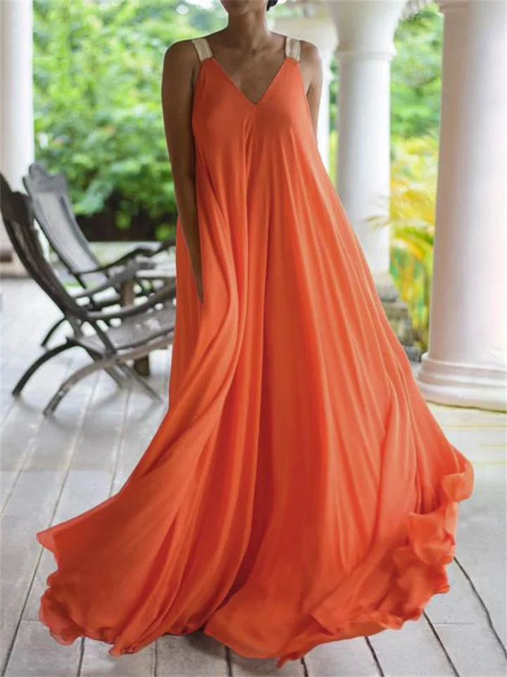 Bohemian Long Solid Color V-neck Large Size Halter Dress | EGEMISS