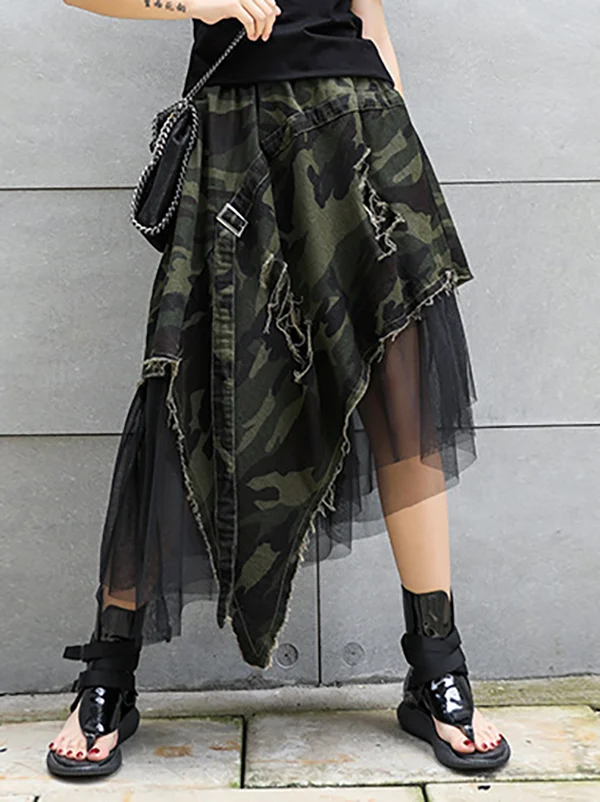 A-Line Loose Asymmetric Camouflage Elasticity Fringed Mesh Split-Joint Skirts Bottoms