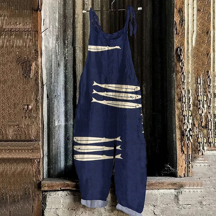 Retro Sardinas Ocean Fish Art Print Linen Loose Casual Jumpsuit