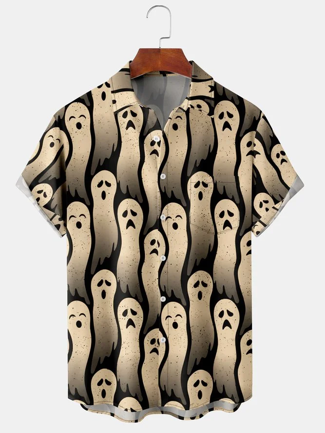 Halloween Tattoo Sticker Chest Pocket Short Sleeve Casual Shirt
