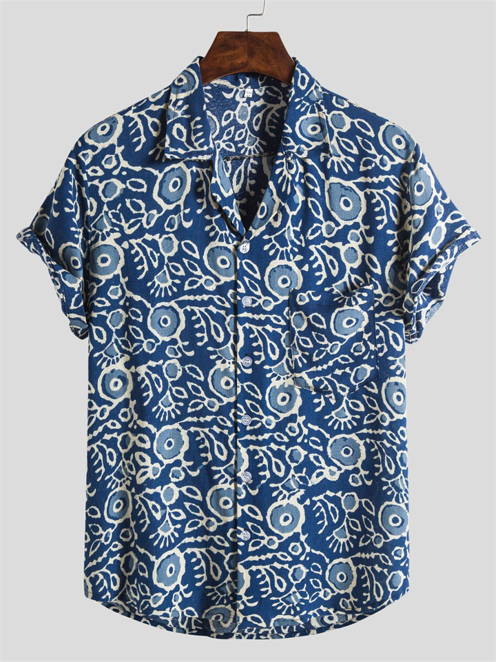 Men's Floral Print Loose Retro Hawaiian Vacation Style Lapel Single-breasted Short-sleeved Casual Shirt Men's Cardigan