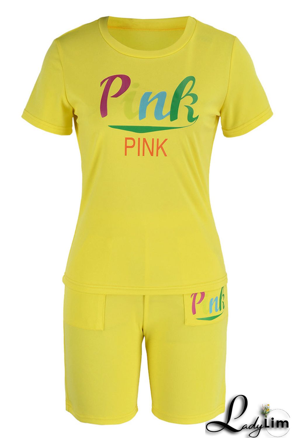 Yellow Casual Print Patchwork O Neck Short Sleeve Two Pieces