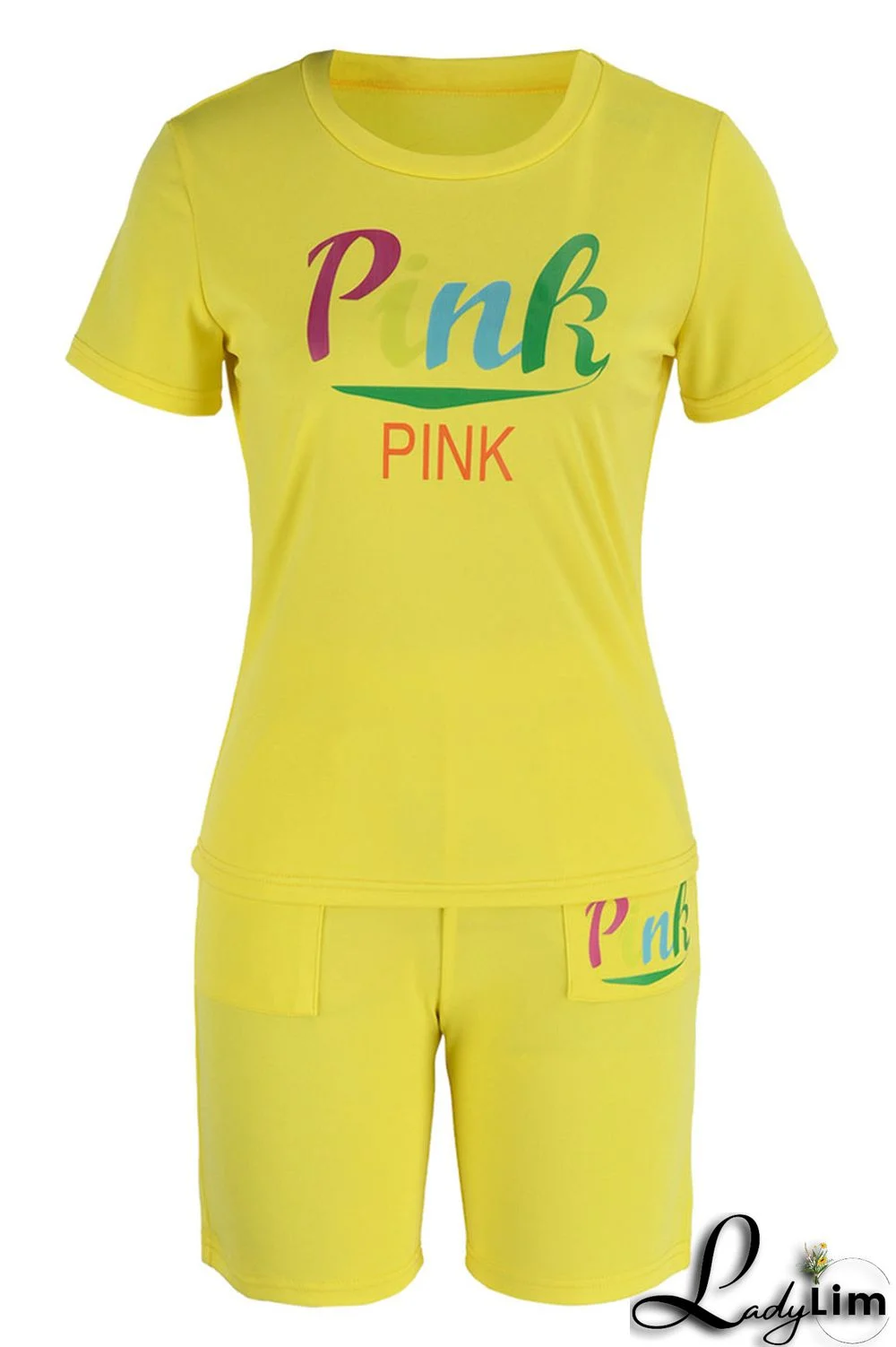 Yellow Casual Print Patchwork O Neck Short Sleeve Two Pieces