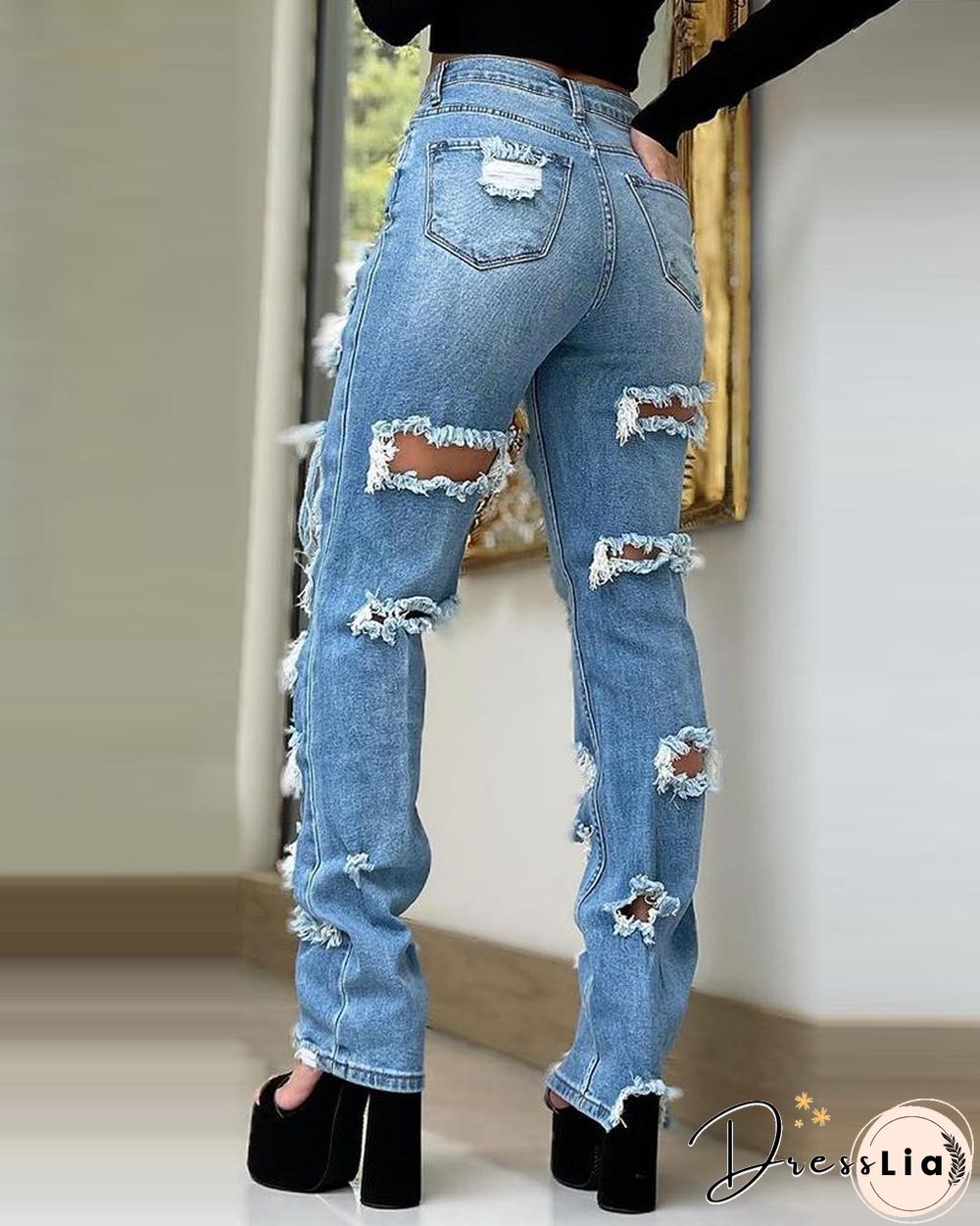 Ripped Cutout Fringe Hem Denim Pants