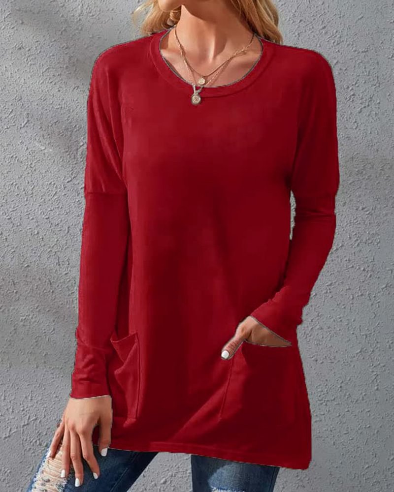 Solid Color Long Sleeve Loose Round Neck Pocket T-Shirt Top